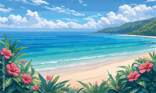 Una splendida spiaggia tropicale con acque cristalline e vegetazione lussureggiante sotto un cielo azzurro.