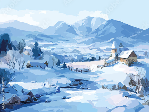 Paesaggio invernale idilliaco con villaggio innevato e montagne maestose all'orizzonte