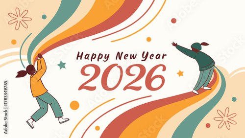 Happy new year 2026 retro celebration with colorful wavy design