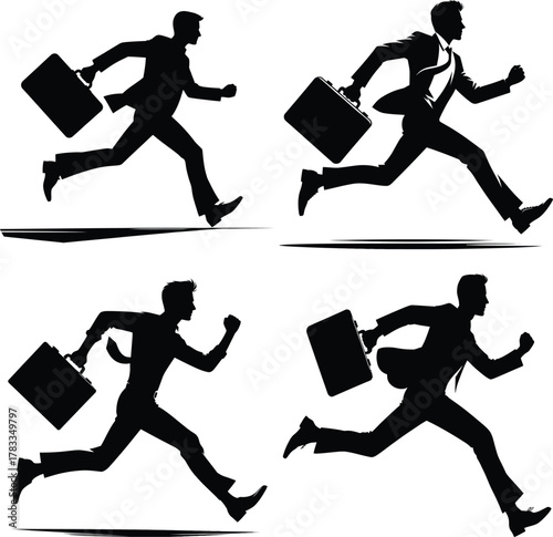 Four silhouettes of businessmen running with briefcases isolated on white background