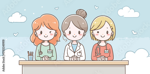 Illustrazione vettoriale di tre simpatiche dottoresse o infermiere in stile kawaii sedute alla scrivania