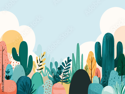 Vettore colorato di cactus e piante succulente in stile piatto con cielo azzurro