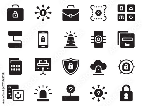 Modern glyph style icons representing security data technology and business concepts