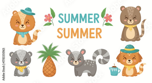 Vector collection of cute whiskered woodland creatures in summer outfits. Kawaii raccoon, badger, and skunk characters with seasonal elements