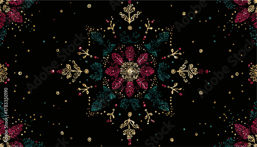 Vettore sfondo nero con ricami floreali stilizzati e scintillanti, decorazione festiva.