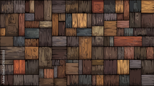 Sfondo astratto di assi di legno rustiche, patchwork di texture lignee scure e chiare, stile vettore.