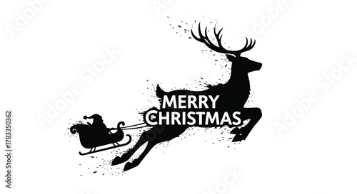 Silhouette of a leaping reindeer pulling santa s sleigh with merry christmas text in a grunge splatter effect