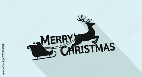 Silhouette of santa s sleigh pulled by a reindeer with merry christmas text and long shadow on a light blue background