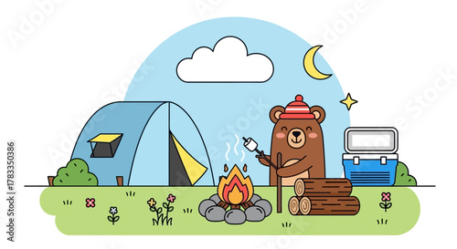 Cute cartoon bear roasting a marshmallow over a campfire at a campsite with a tent under a night sky