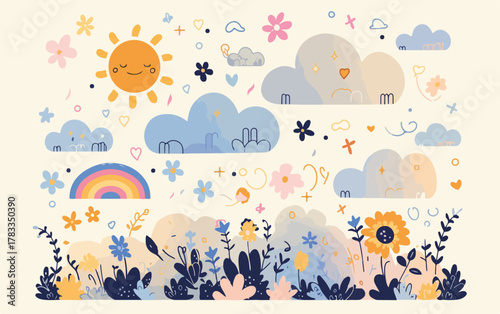 Illustrazione vettoriale allegra di sole sorridente, arcobaleno e fiori primaverili stilizzati in stile cartone animato.