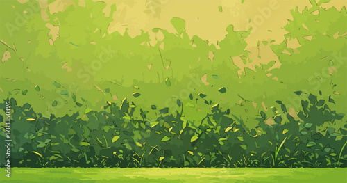 Sfondo naturale con vegetazione verde lussureggiante e foglie mosse dal vento, stile pittorico.