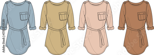 Technical flat sketch of a woman's tunic dress with roll-tab sleeves and a self-tie belt. Apparel design template shown in four colorways