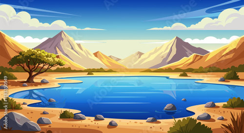 Photos Vibrant vector illustration of a peaceful desert oasis with a clear blue lake, a