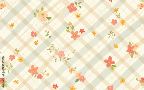 Sfondo a quadretti Vichy con delicati fiori stilizzati in tonalità pastello, pattern ripetuto.