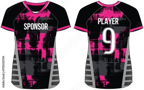 Women Sports Jersey t-shirt design Flat sketch Illustration, Grunge texture V Neck t shirt for girls and Ladies Volleyball jersey, Football, badminton, Soccer and netball, Sport uniform kit