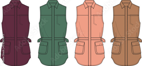 Vector collection of women's sleeveless belted utility jackets. Fashion flat technical sketch for apparel design