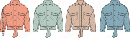 Stylish women's long-sleeved tied-waist blouse fashion flat sketches, depicted in four modern pastel colors, perfect for casual wear apparel design and collection development
