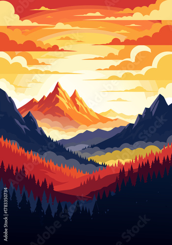 Majestic Mountain Landscape with Sunset, Colorful Vector Illustration