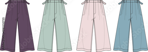 Set of women's wide-leg trousers in a fashion flat sketch. Technical drawing of paperbag waist pants in four different color options