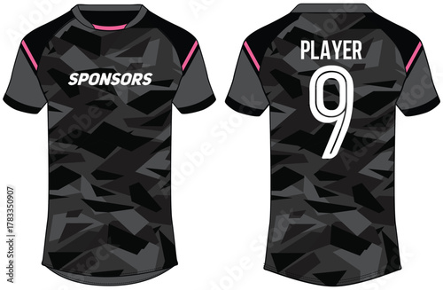Polygonal Camouflage Sports jersey t shirt design concept vector template, football jersey concept with front and back view for Cricket, soccer, Volleyball, Rugby, tennis and badminton uniform kit