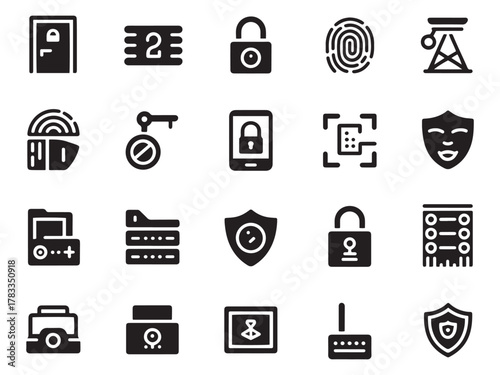 Collection of 20 glyph style icons for security access data protection and technology