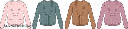 Collection of four stylish women's cardigans in different colors, each featuring a V-neck and front pockets