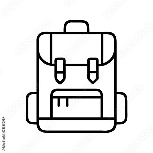 Simple outline icon of a classic backpack with buckles and front pocket