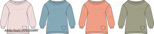 Women's casual long sleeve tunic sweatshirt technical flat sketch. Apparel design vector template set in four pastel colors