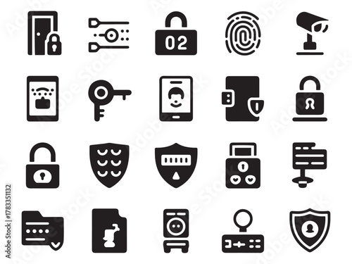 Cyber security icon set featuring locks keys shields surveillance and digital access for online safety