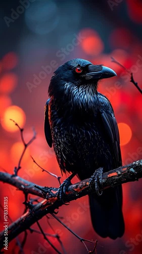 Mysterious Raven Perched on a Branch Against a Fiery Backdrop.