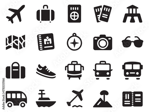 Collection of travel icons airplane luggage passport tickets camera sunglasses bus ship map