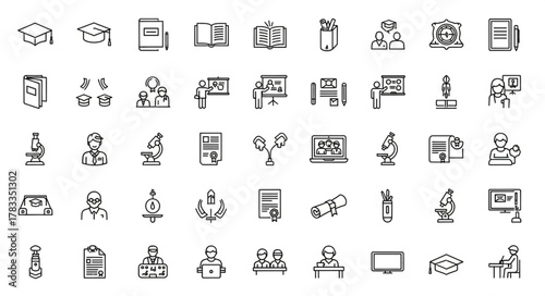 ai generative A clean vector icon sheet with 50 education and online learning icons on a pure white background.