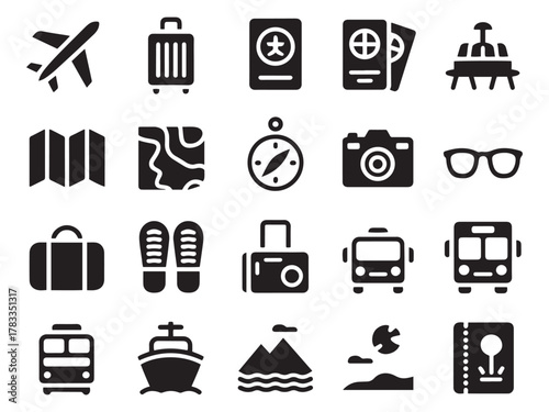 Collection of 20 glyph style travel icons for journeys and vacations