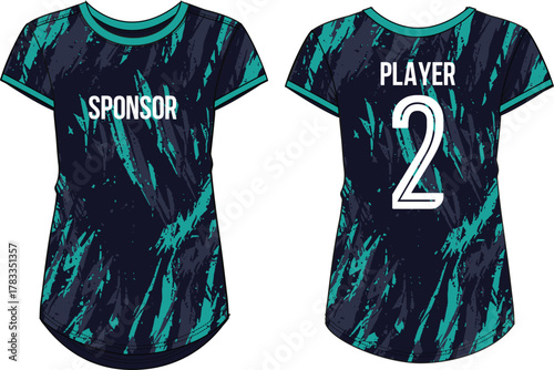 Women Sport Jersey t-shirt design flat sketch Illustration, brush stroke pattern Round neck t shirt for girl and Ladies Volleyball jersey, Football, badminton, Soccer and netball, Sport uniform kit