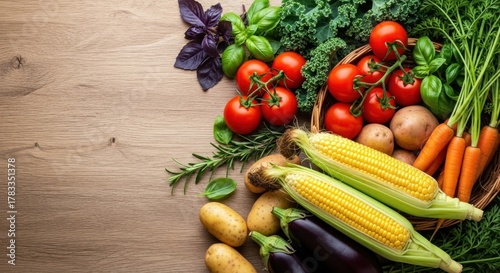 Fototapeta Naklejka Na Ścianę i Meble -  A variety of fresh vegetables and fruits in a wooden basket on a wooden table.