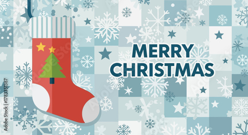 Festive merry christmas greeting with a red stocking filled with a christmas tree and stars on a snowy snowflake background