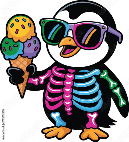 Cartoon penguin wearing sunglasses holding ice cream cone