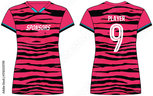 Women Sports Jersey t-shirt flat sketch design illustration with Zebra abstract pattern suitable for girls and Ladies for Volleyball jersey, Football, Soccer and netball, Sport uniform kit for sports