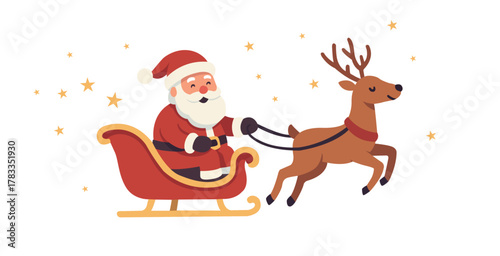 Cartoon Santa Claus riding a sleigh pulled by a festive reindeer under stars.