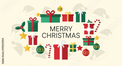 Festive flat design illustration with merry christmas text surrounded by gifts ornaments candy canes holly and santa hats