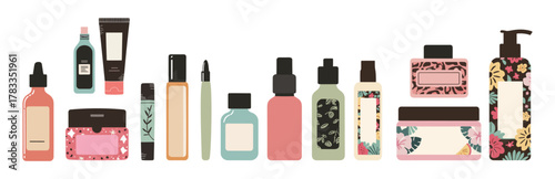 Minimalist flat vector of skincare and cosmetic bottles in pink, teal, mint, and black tones. Clean, modern design with droppers, tubes, and pump dispensers on transparent background