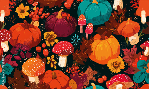 Un vibrante motivo autunnale con zucche colorate, funghi e foglie che evocano la stagione