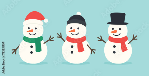 A collection of happy snowmen wearing scarves, hats and welcoming the winter.