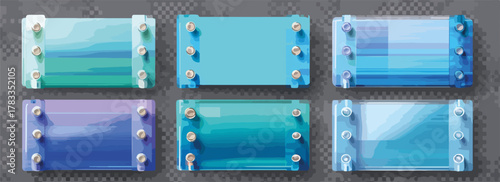 Sei contenitori trasparenti con sfumature di blu e verde, fissati con viti, su sfondo grigio.