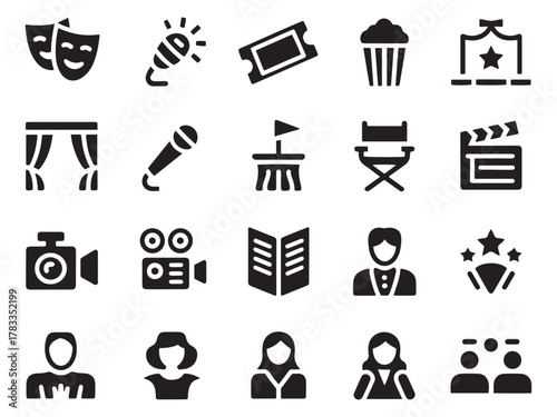 Collection of 20 glyph style icons for entertainment film theater music and events