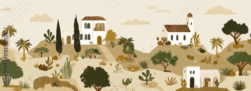 Paesaggio collinare stilizzato con case bianche e vegetazione mediterranea