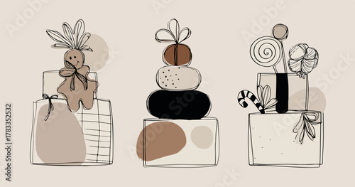 Composizione astratta di regali stilizzati con elementi naturali e caramelle, stile boho chic.