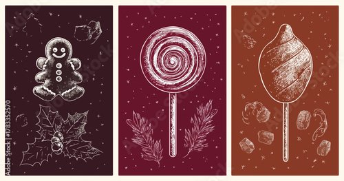 Dolci festivi disegnati a mano su sfondi scuri, un'esplosione di gioia zuccherina