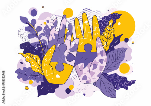 Mani che si uniscono con pezzi di puzzle in un contesto floreale astratto