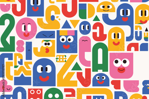 Un allegro e colorato pattern di forme geometriche astratte con faccine sorridenti